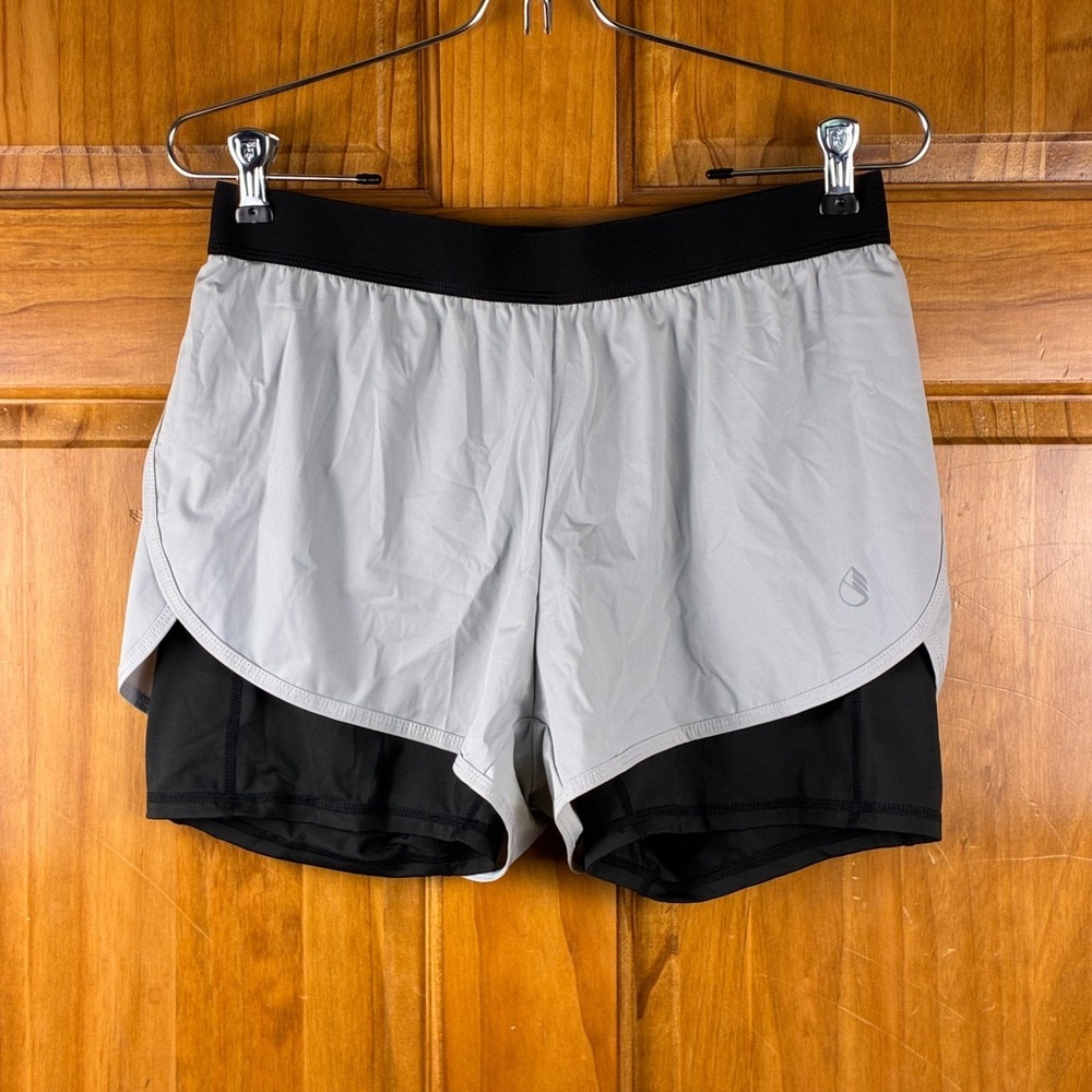 Icyzone Womens 2 in 1 Running Shorts Grey Black Compression Liner Large